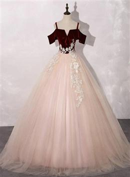Picture of Pink Tulle with Velvet Top Long Party Dresses Prom Dres, Ball Gown Sweet 16 Dress